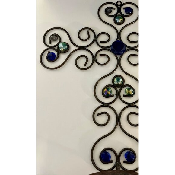 Vintage Wrought Iron Wall Cross Candle Holder – 16” x 14” with Blue & Iridescent - Picture 2 of 4